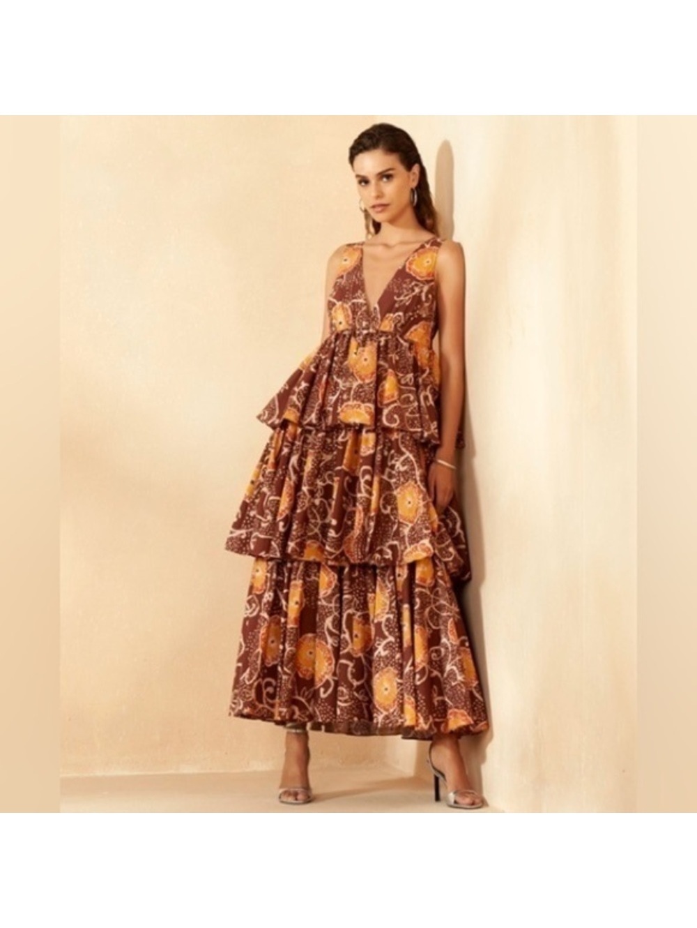 Small Atsu V Neck Floral Tiered Maxi Dress in Brown Motif